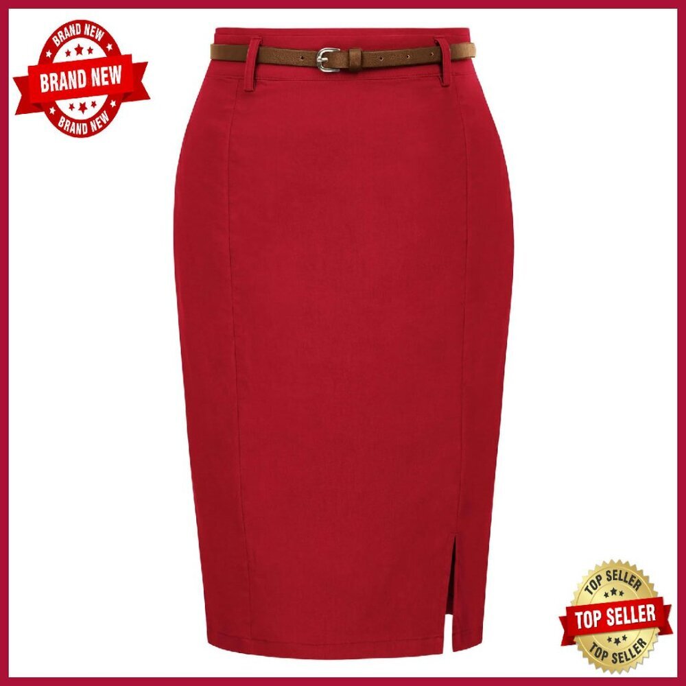 Stretchy Pencil Skirt With Belt Professional Work Knee Length